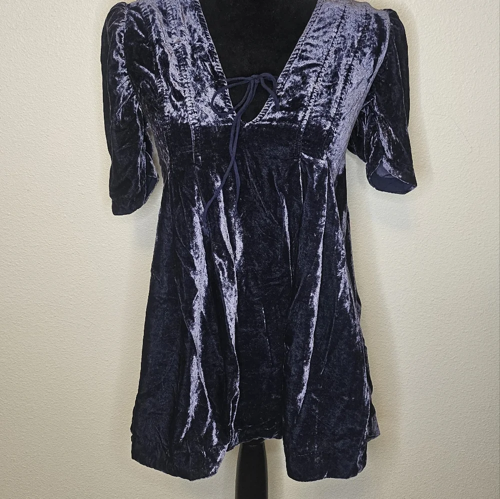 Free People Adelle Velvet Tunic Babydoll Dress Blue Size XS - Picture 2 of 10